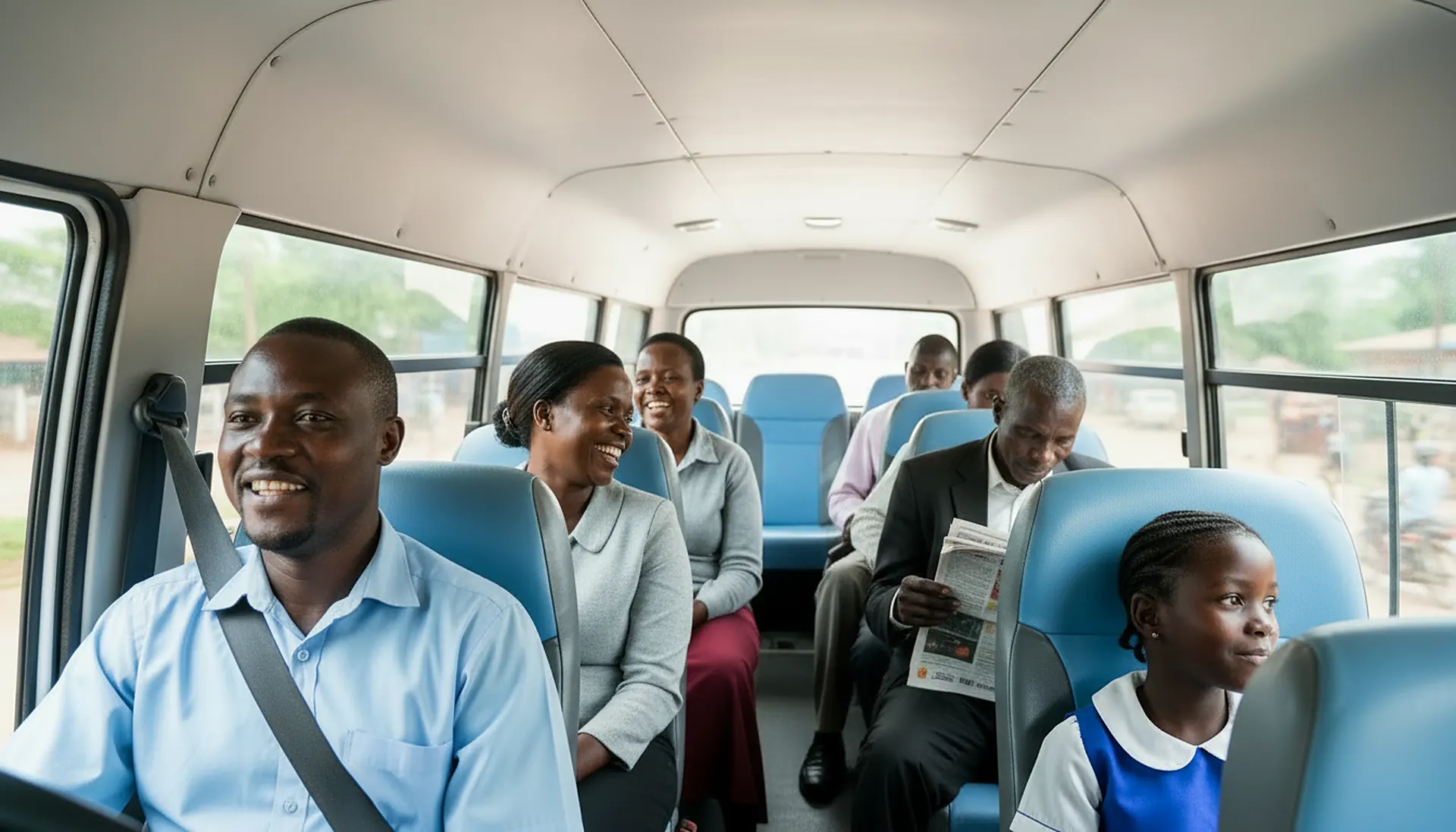 Passengers and a smiling driver inside an eTaxi